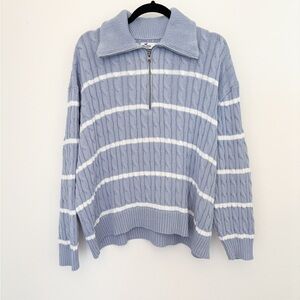 Collared Oversized Cable Knit Half Zip Sweater Light Blue and White XL Hollister